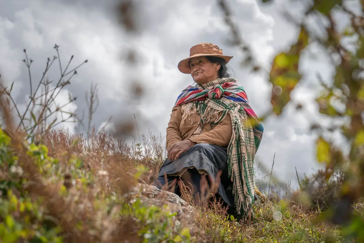 Mujer andina con sombrero y manta sentada sobre la hierba en el campo