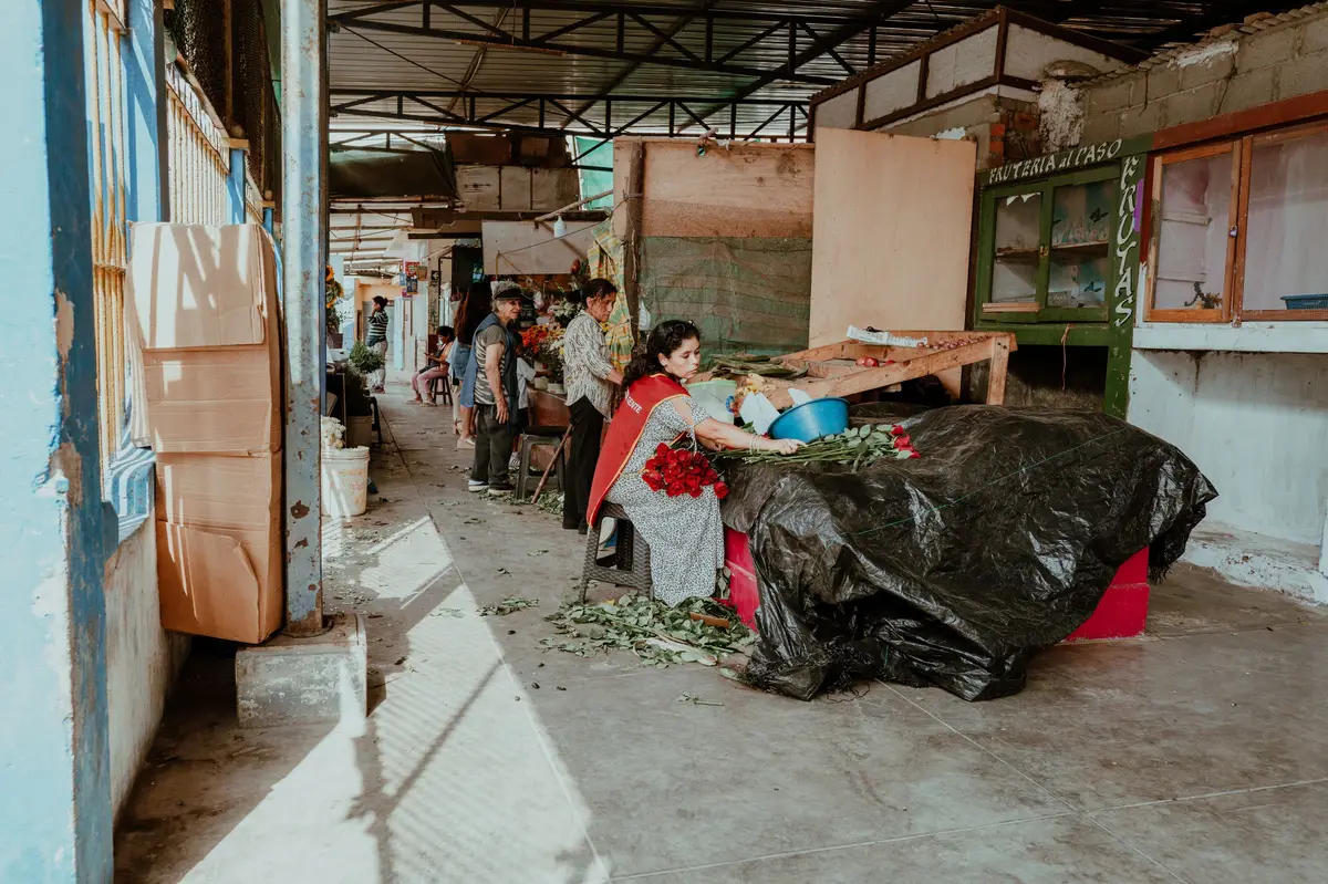 Vendedora con delantal rojo arreglando rosas en su puesto de un mercado de Pacasmayo