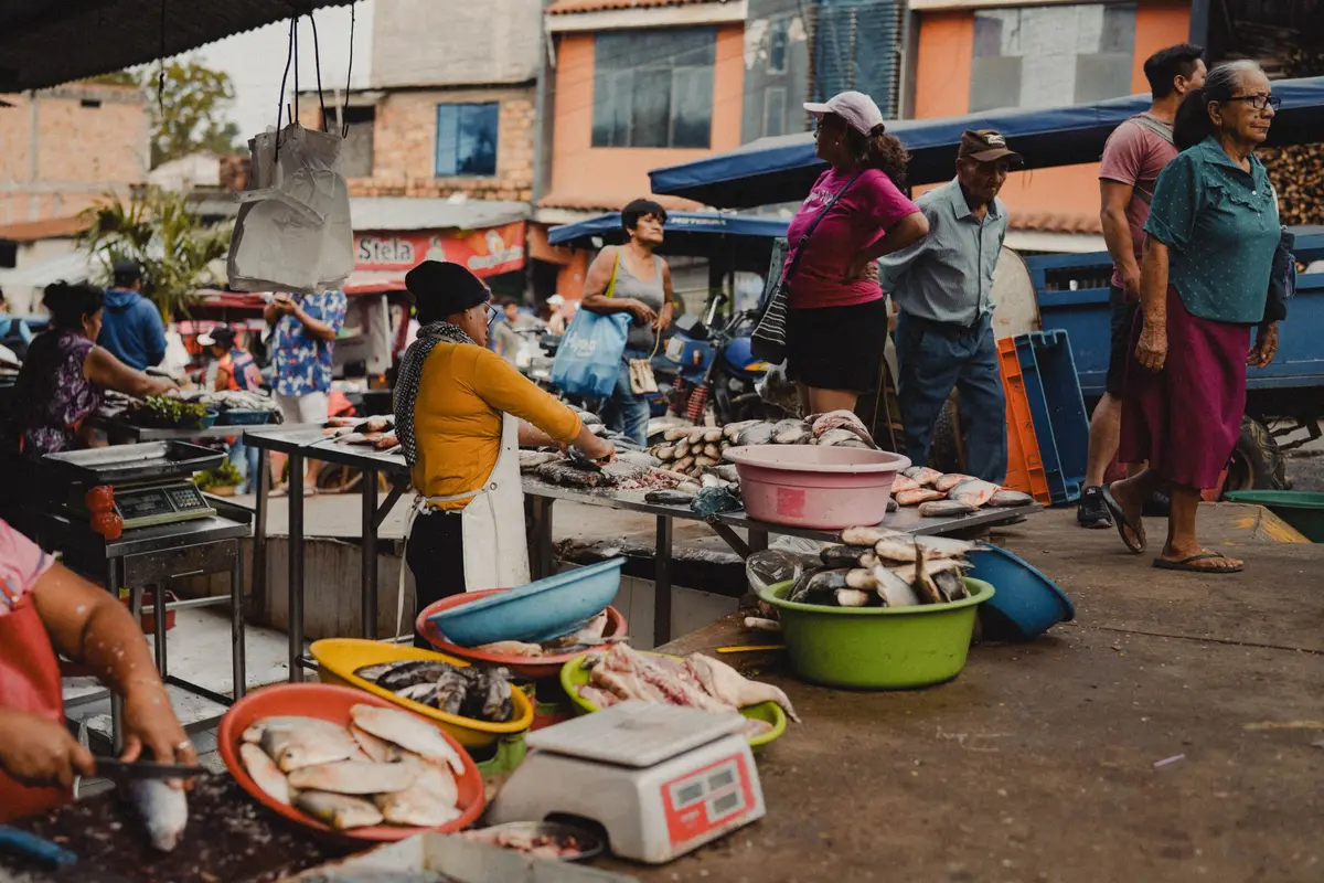 Vendedoras atendiendo sus puestos de pescado en un mercado de Rioja, Perú