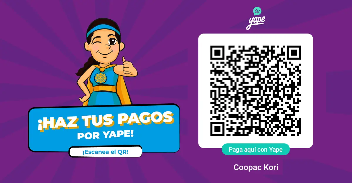 Pieza "Haz tus pagos por Yape" con código QR y mascota