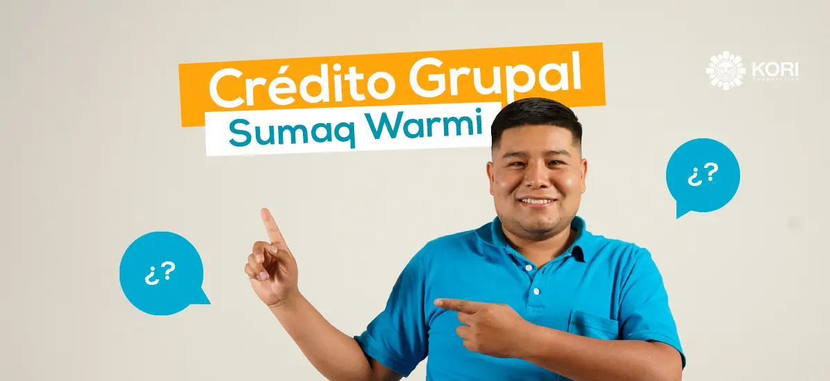 Banner "Crédito Grupal Sumaq Warmi": asesor con polo celeste señalando