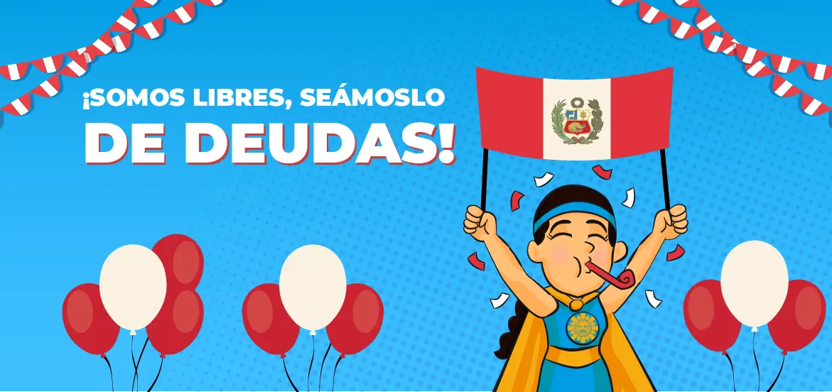 Banner "Libres de deudas" con bandera peruana y mascota